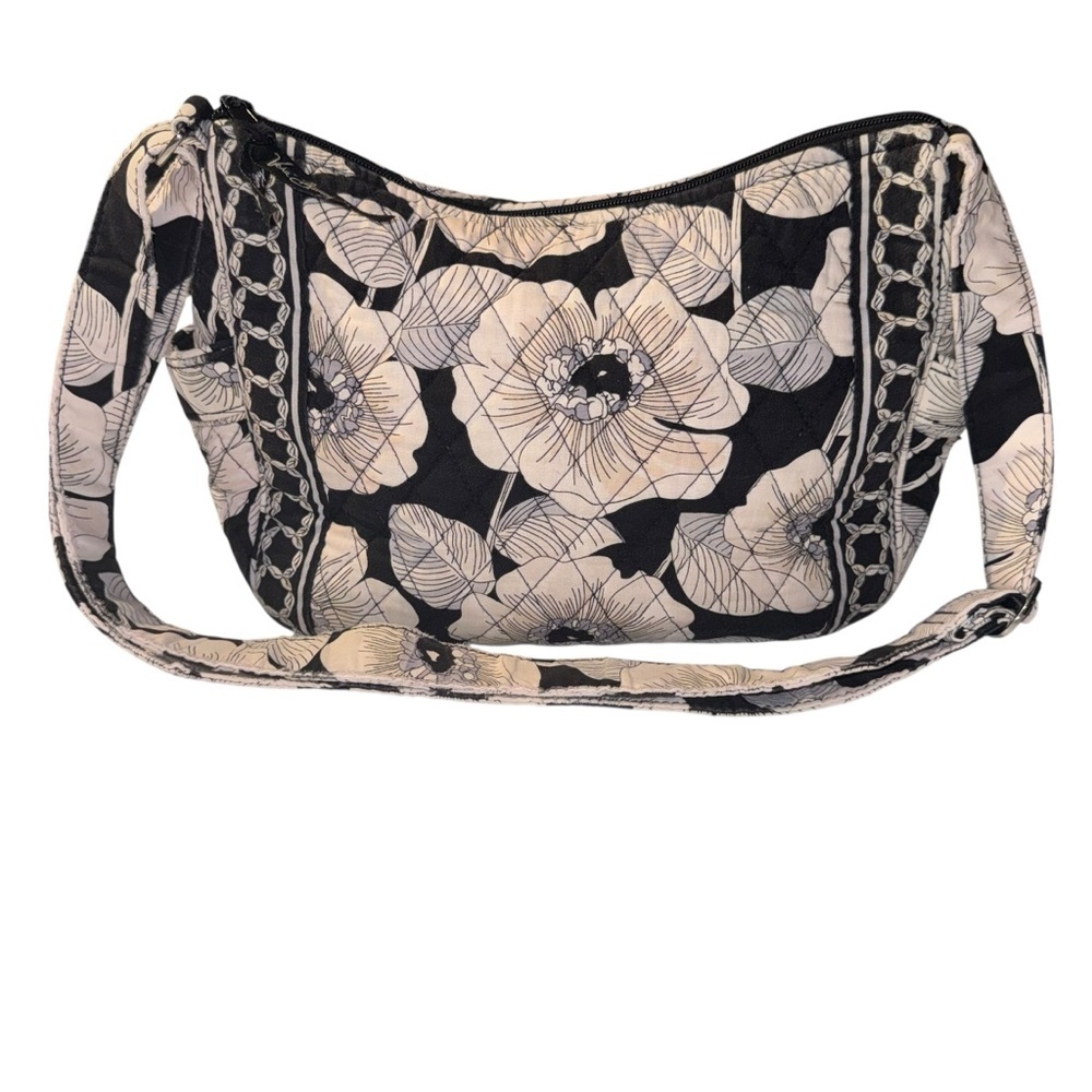 Vera Bradley Quilted Floral Shoulder Bag Black Cream 10x8 Zip Pocket